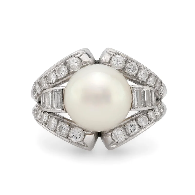 Women’s vintage rings-Women’s unique engagement ring-Mid Century pearl diamond platinum cocktail ring