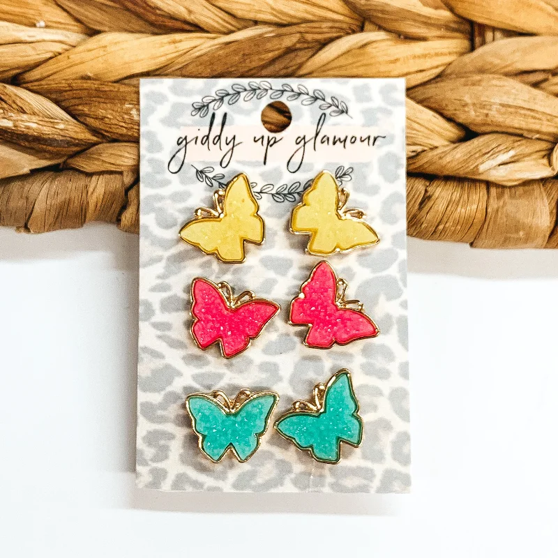 Women’s sparkling cubic zirconia earrings-Multicolored Druzy Butterfly Earring Set