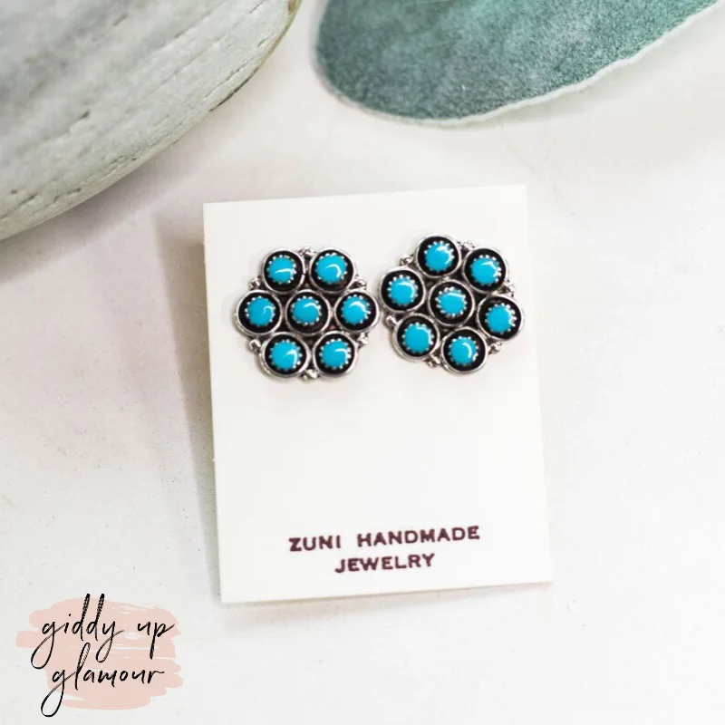 Women’s long drop earrings-Zuni | Zuni Handmade 7 Point Sleeping Beauty Turquoise Flower Stud Earrings