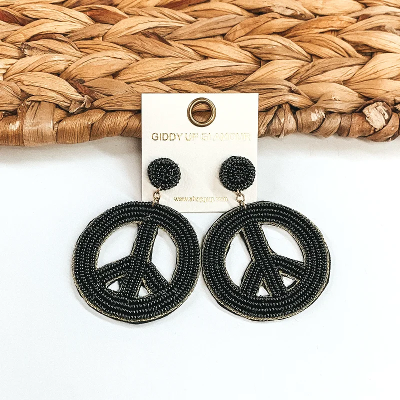 Women’s small stud earrings-Seed Beaded Peace Sign Earrings in Black