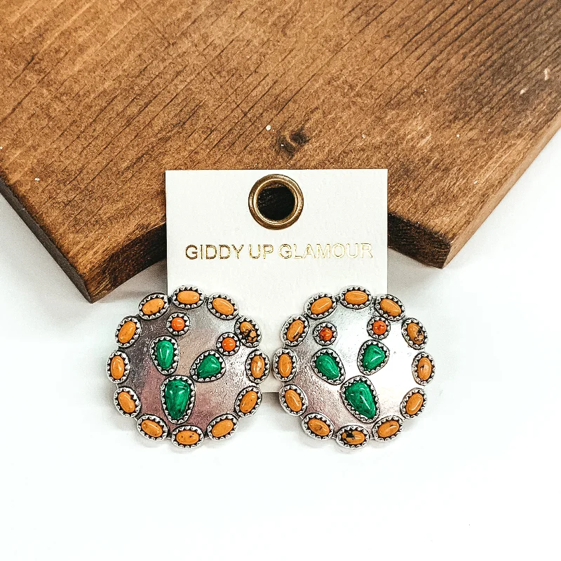 Women’s dangle earrings-Silver Circle Post Earrings with Stone Cactus Design