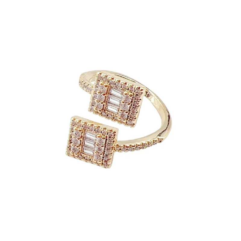 Women’s wide band rings-Square Crystal Double Ring Gold P5