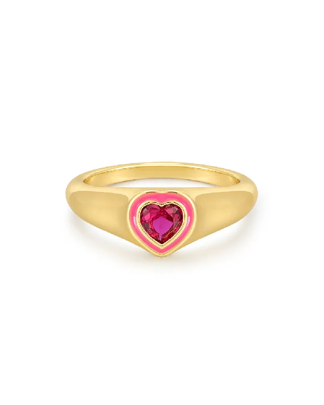 Women’s sterling silver diamond rings-Heart Signet Ring- Hot Pink- Gold