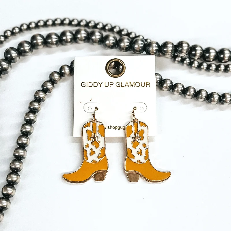 Women’s black diamond earrings-Kick Your Boots Up Cow Print Boot Hanging Pendant Earrings in Ivory and Tan