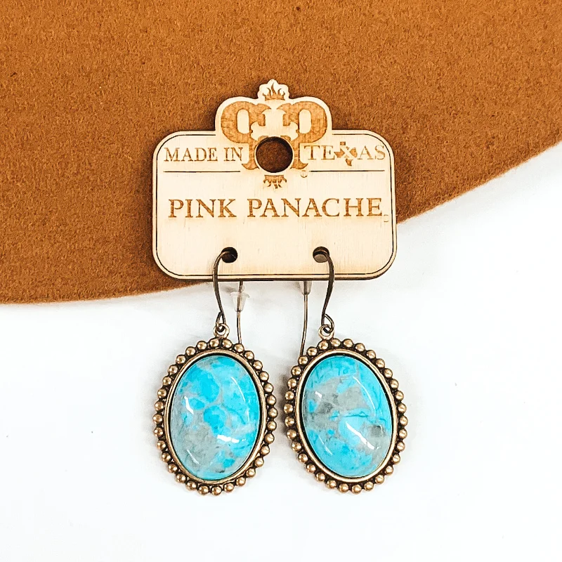 Women’s elegant dangle earrings-Pink Panache | Bronze French Wire Earrings with Small Hanging Oval Turquoise Cabochon