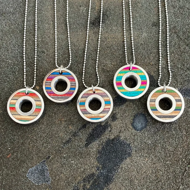 Women’s aquamarine rings-Upcycled Wood Skateboard Ball Bearing Necklaces