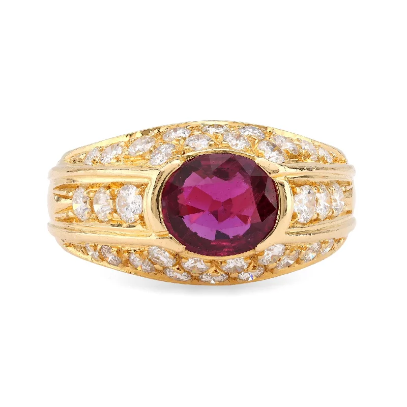 Women’s adjustable gemstone rings-Women’s elegant solitaire engagement ring-Vintage GIA 1.25 Carat Ruby Diamond 18K Yellow Gold Ring