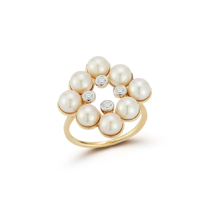 Women’s silver gemstone rings-14kt  Pearls and Diamond Cluster Ring