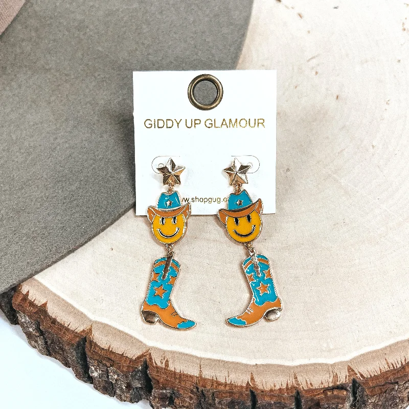 Women’s cute earrings-On The Fly Gold Tone Star Post Earrings with Happy Face Cowboy and Boot Pendant Earrings in Turquoise