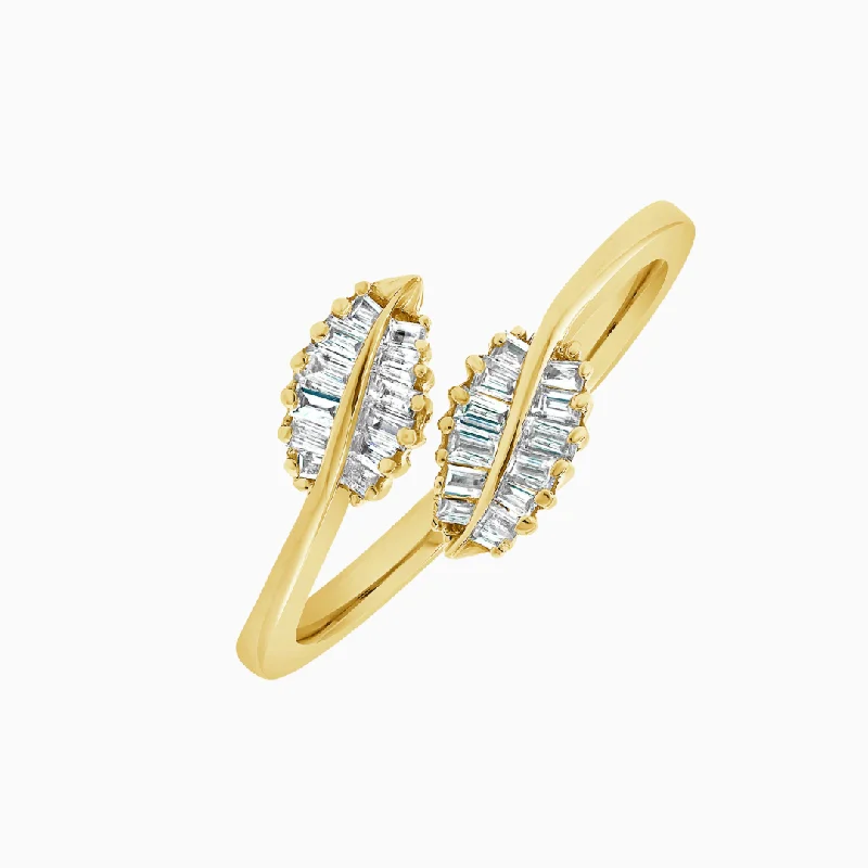 Women’s two-tone rings-Gold Diamond Leaf Crossover Ring