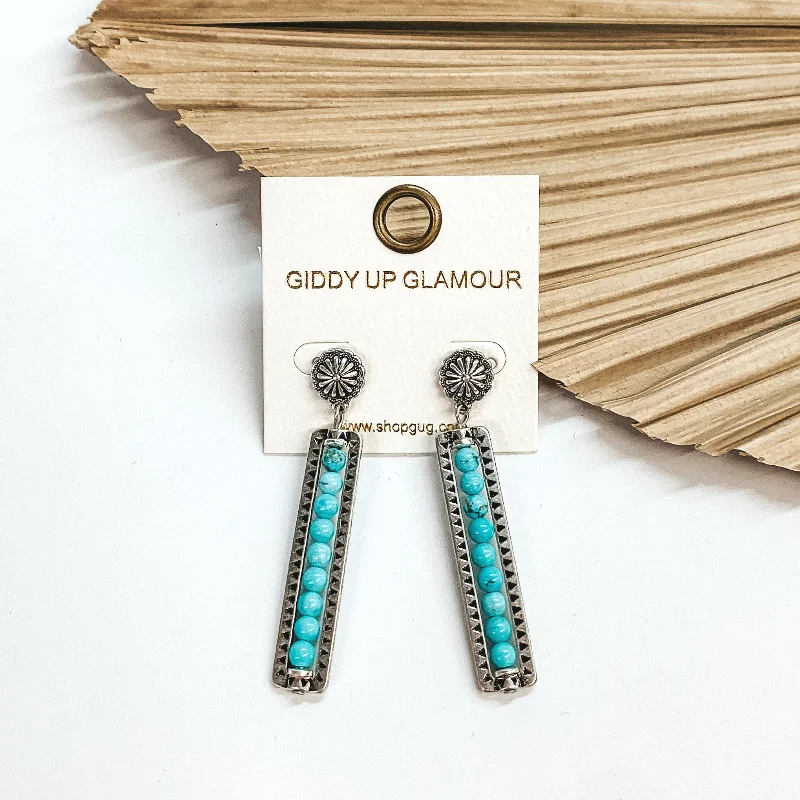 Women’s elegant earrings-Friendly Ties Silver Concho Post Earrings with Stone Beaded Rectangle Bar Drop in Turquoise