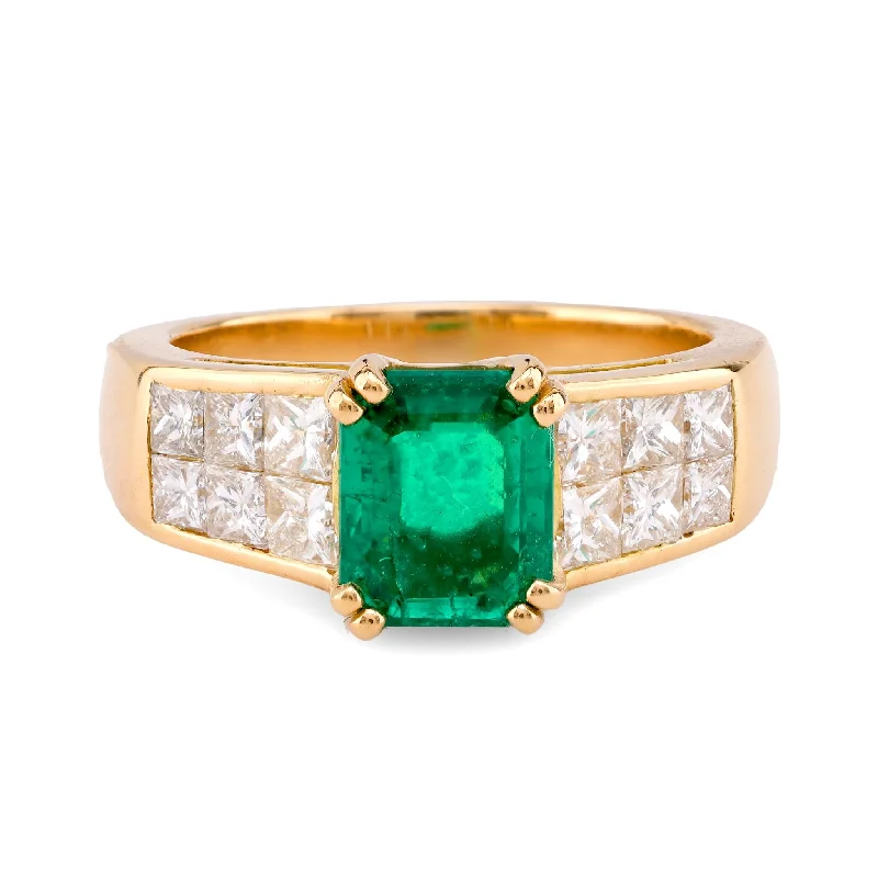 Women’s birthstone diamond rings-Women’s elegant engagement ring-Vintage French GIA 1.25 Carat Colombian Emerald Diamond 18K Yellow Gold Ring