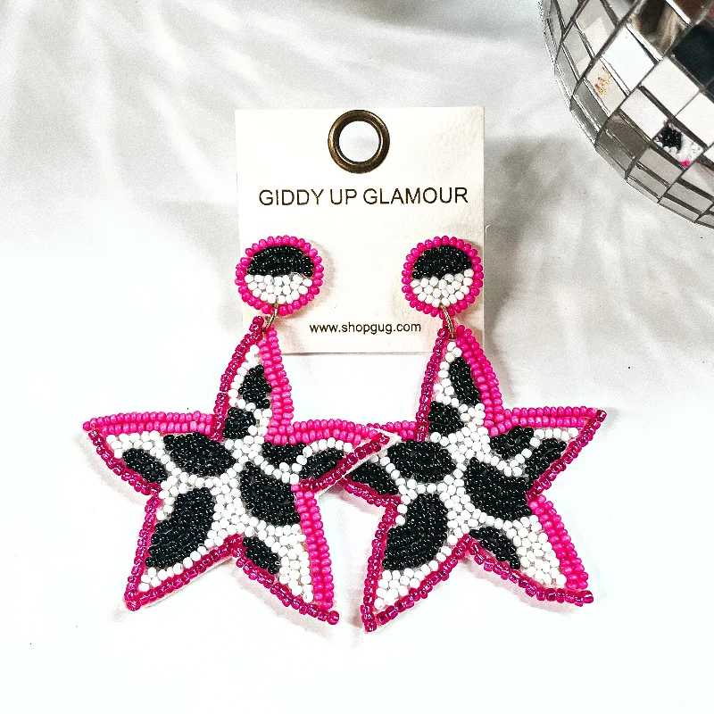 Women’s stainless steel earrings-Stars In Your Eyes Cow Print Beaded Star Earrings in Hot Pink