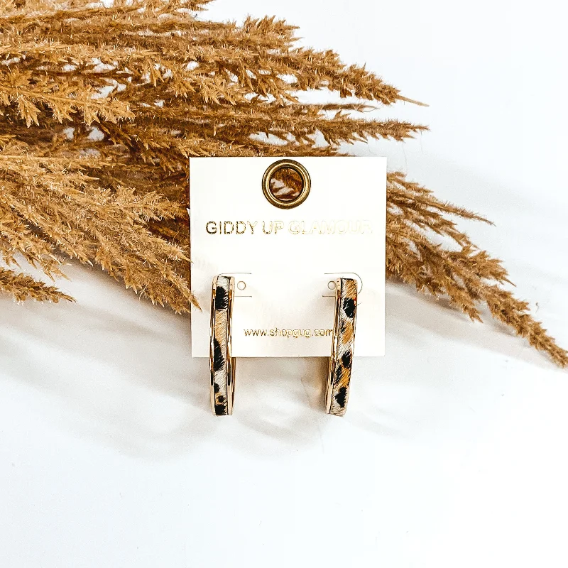 Women’s minimalist earrings-Gold Double Circle Hoop Earrings with White Animal Print Inlay