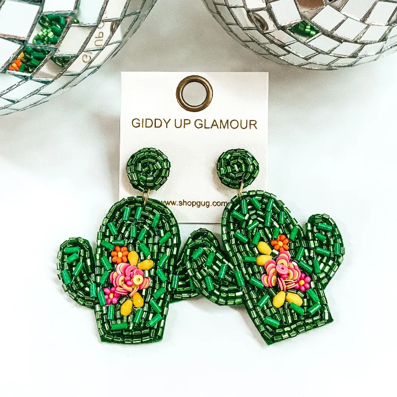 Women’s gold earrings-Beaded Cactus Earrings with Beaded Flowers in Green