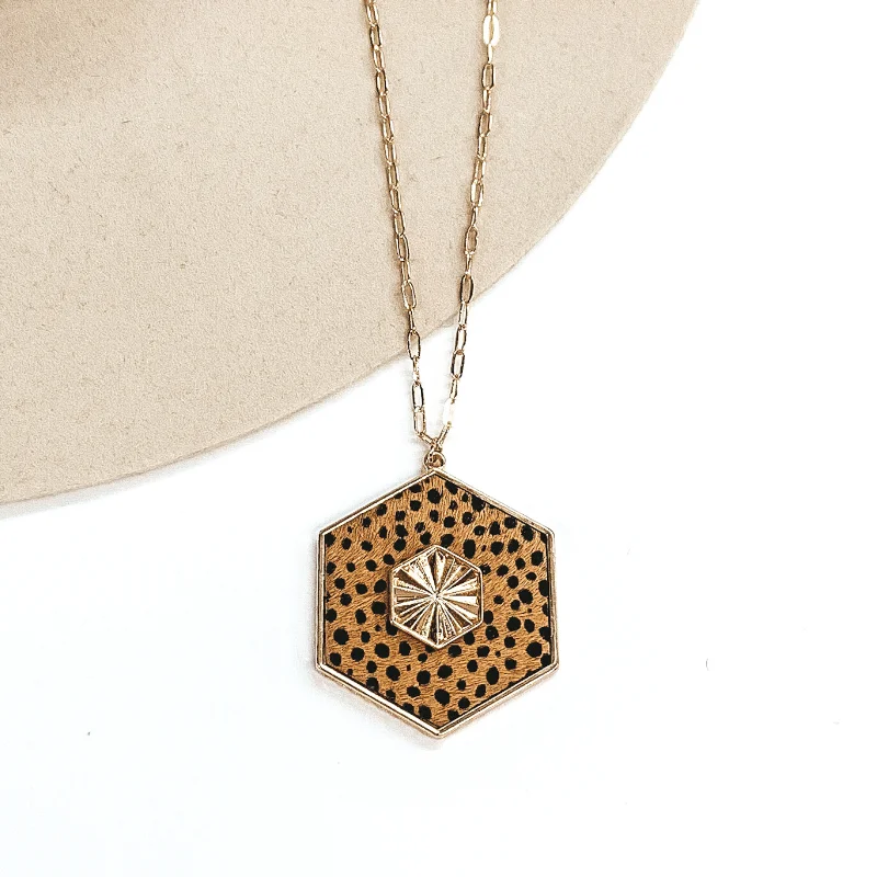 Women’s infinity earrings-Long Gold Chain Necklace with a Hexagon Pendant in Tan Cheetah Print