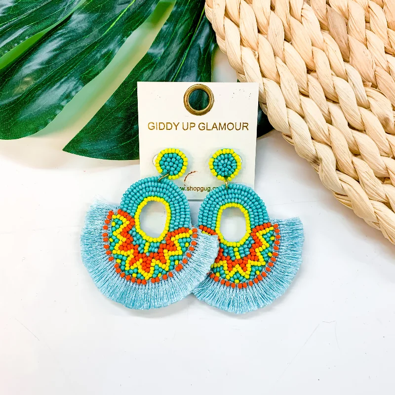 Women’s birthstone earrings-Coastal Confidence Seed Bead Circle Tassel Earrings In Turquoise