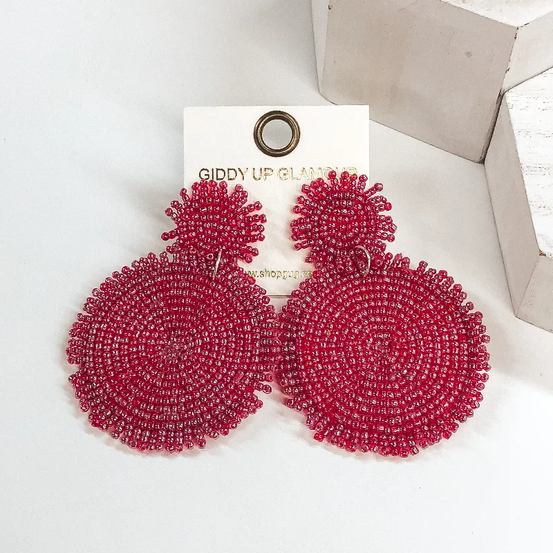 Women’s pearl earrings-Circle Drop Two Tiered Beaded Earrings in Candy Red