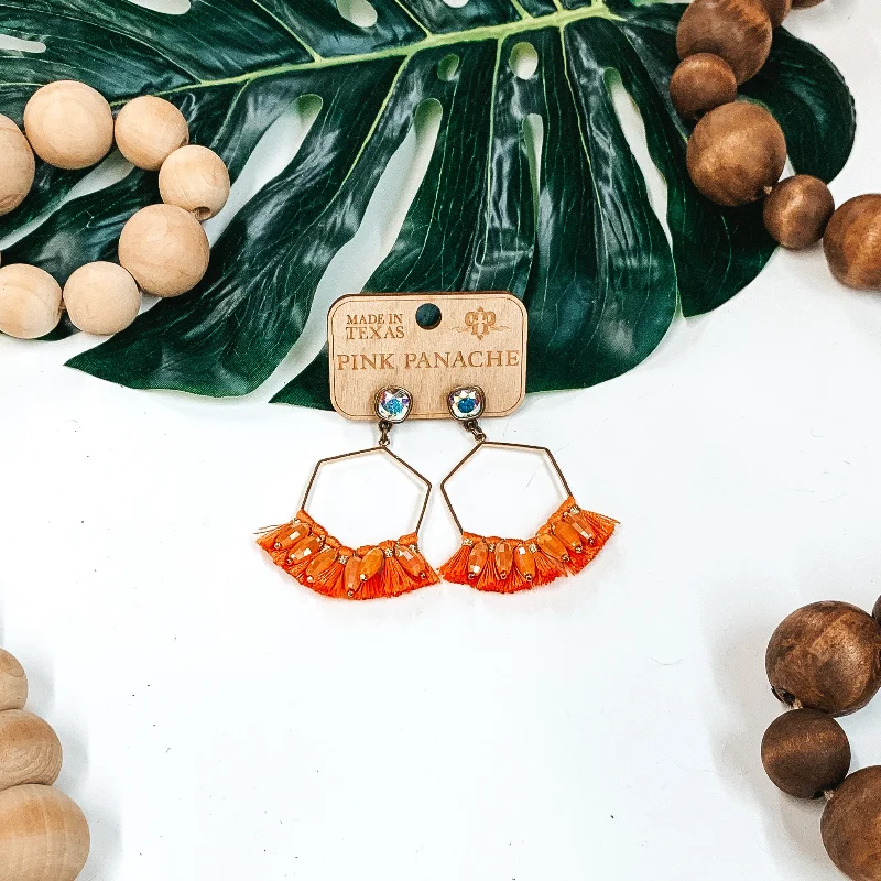 Women’s hypoallergenic earrings-Pink Panache | Hexagon Wire Earrings with Fringe Detailing and Clear Cushion Cut Crystal in Gold and Orange