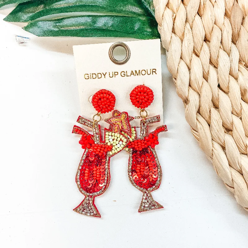 Women’s statement earrings-Here For Happy Hour Seed Bead Cocktail Earrings in Red