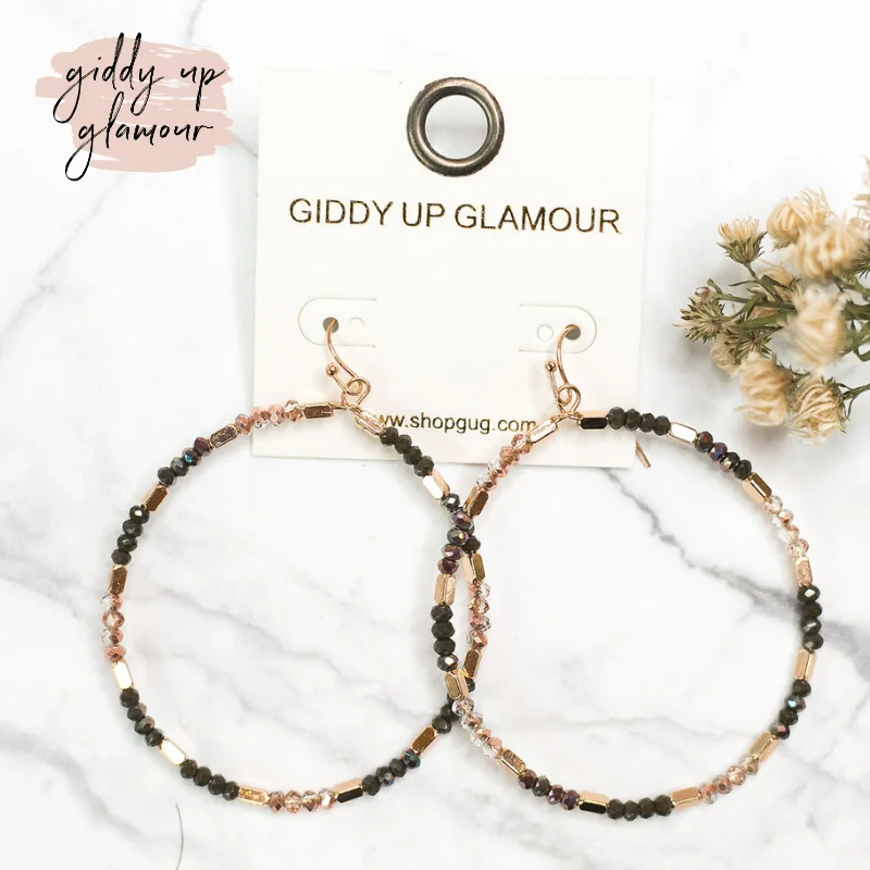 Women’s drop pearl earrings-Crystal Beaded Hoop Earrings in Olive Green and Rose Gold