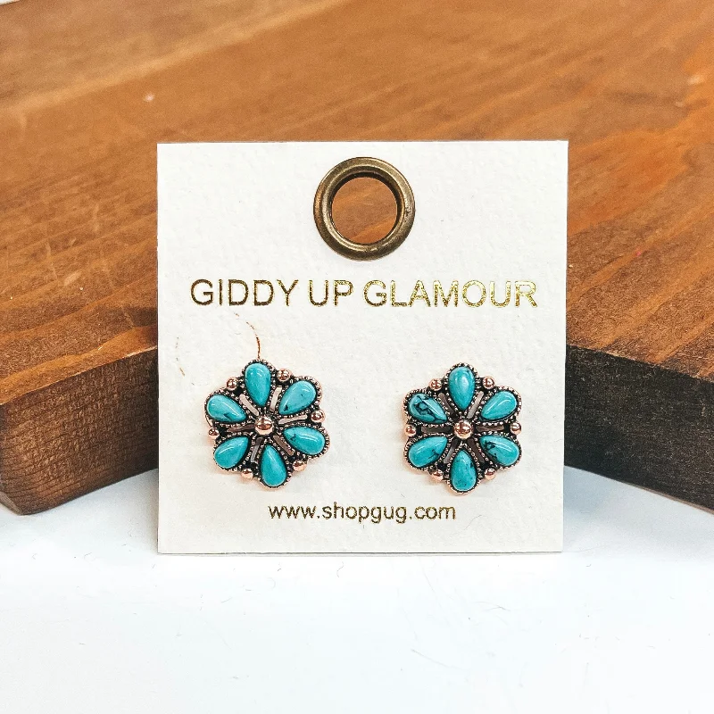 Women’s dangle earrings-Flower Post Earrings with Faux Turquoise Stones in Copper Tone