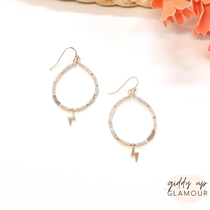 Women’s delicate earrings-Crystal Beaded Hoop Earrings with Gold Lightning Bolts in Neutral