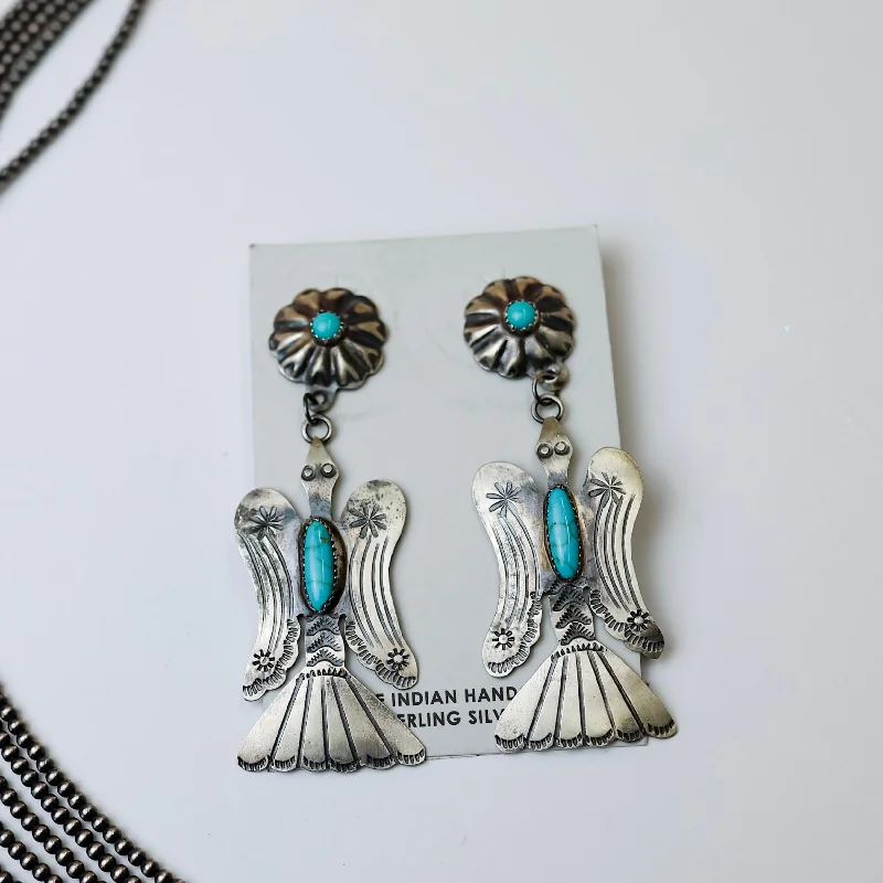 Women’s initial earrings-Tim Yazzie | Navajo Handmade Sterling Silver with Turquoise Stones Thunderbird Dangle Earrings