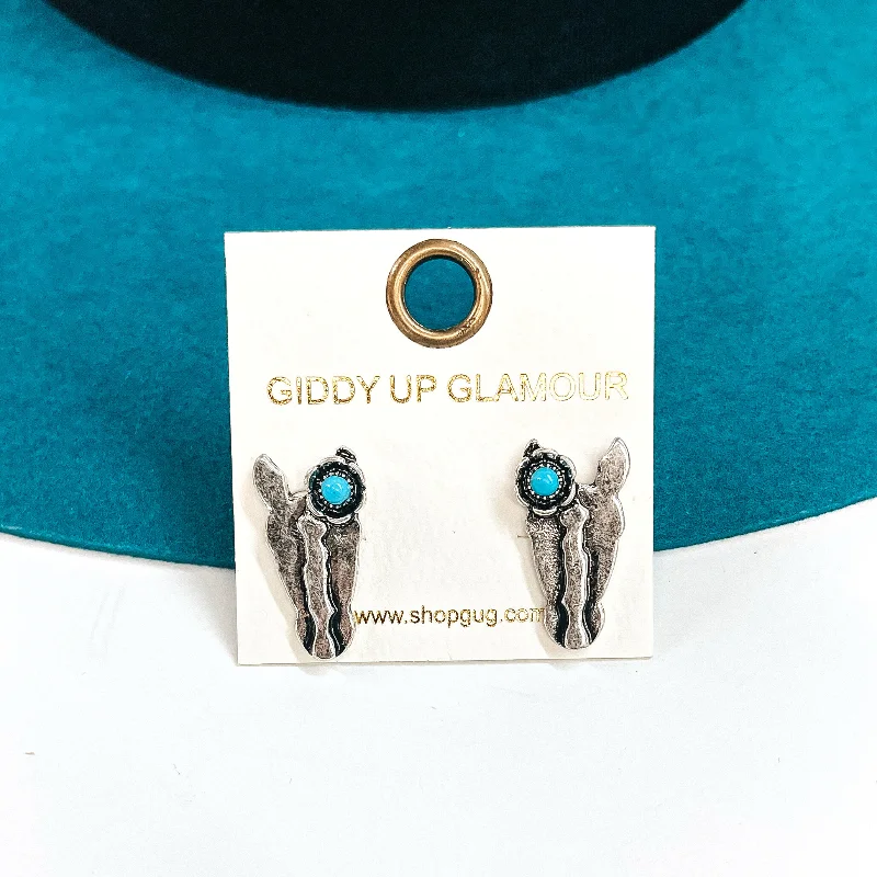 Women’s bridal earrings-Horse Head Post Earrings in Silver Tone with Faux Turquoise Stone