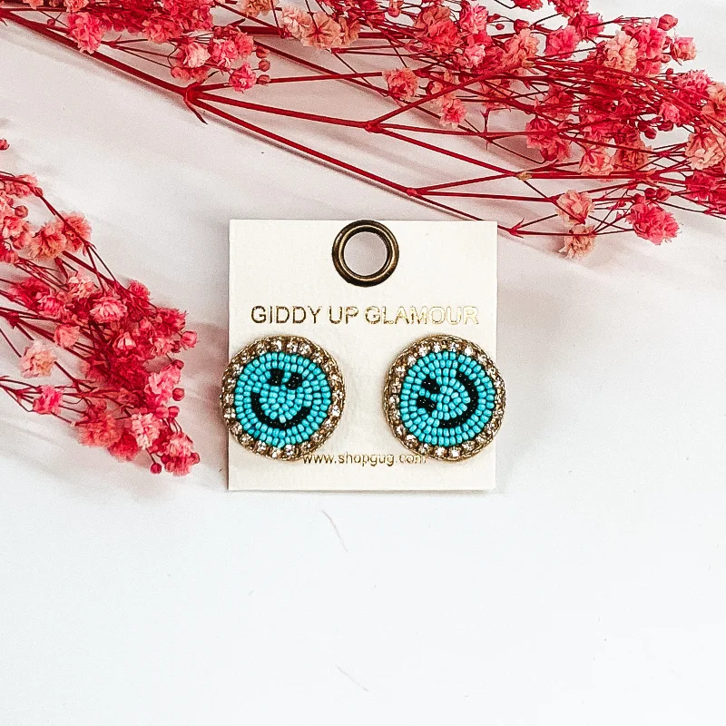 Women’s hammered gold earrings-Beaded Happy Face Circle Stud Earrings with Crystal Outline in Aqua