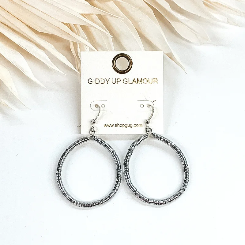 Women’s bold hoop earrings-Circle Drop Metal Disk Beaded Earrings in Silver