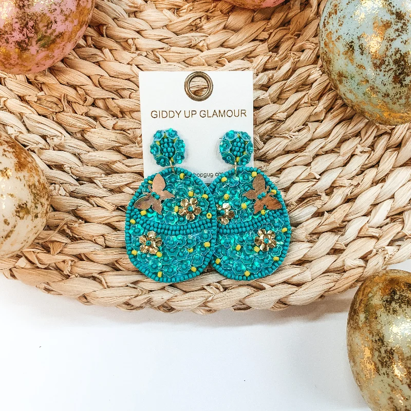 Women’s butterfly earrings-Hoppy Easter Sequin Beaded Easter Egg Earrings in Turquoise