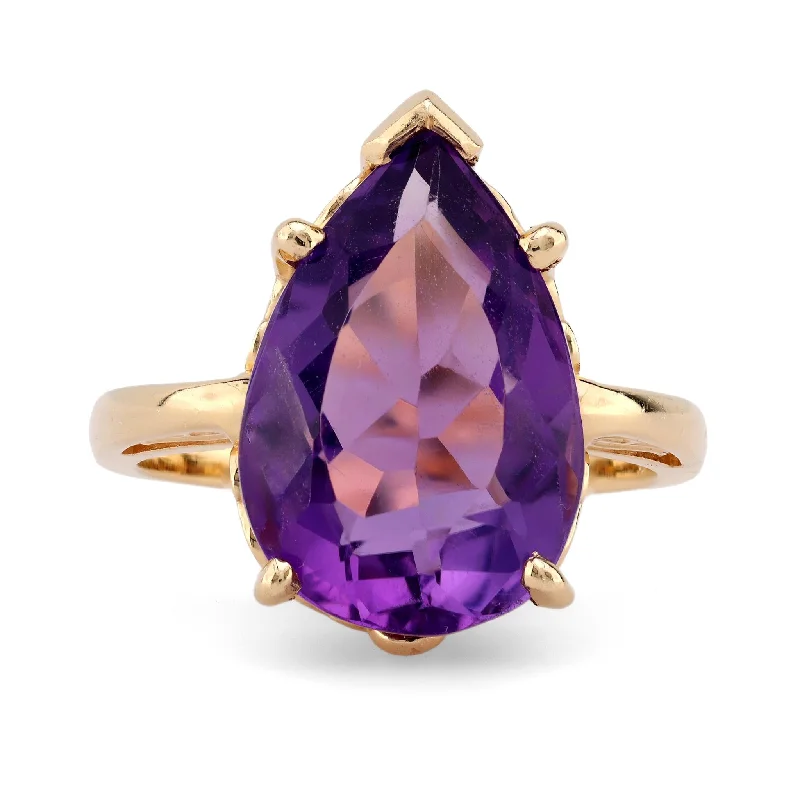 Women’s luxurious wedding rings-Women’s engagement ring with sapphire side stones-Retro 5.8 Carat Pear Shape Amethyst 14K Yellow Gold Solitaire Ring