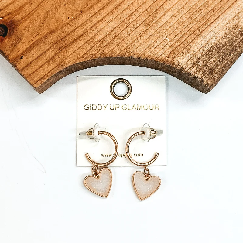 Women’s retro-inspired earrings-Gold Hoops with Druzy Heart Dangle in White