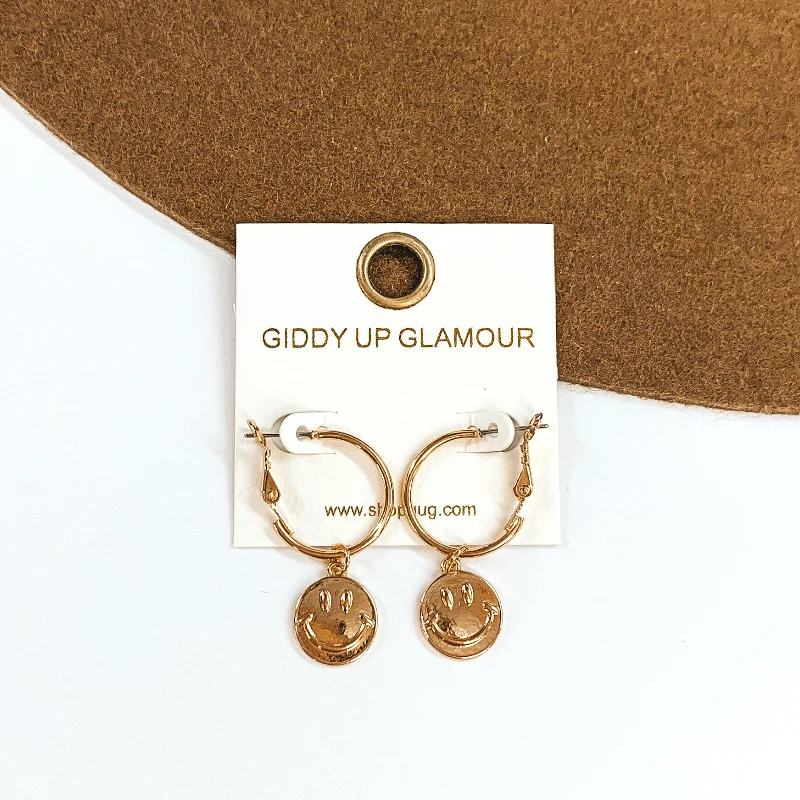 Women’s long drop earrings-Dainty Gold Hoops with Hanging Happy face Charm