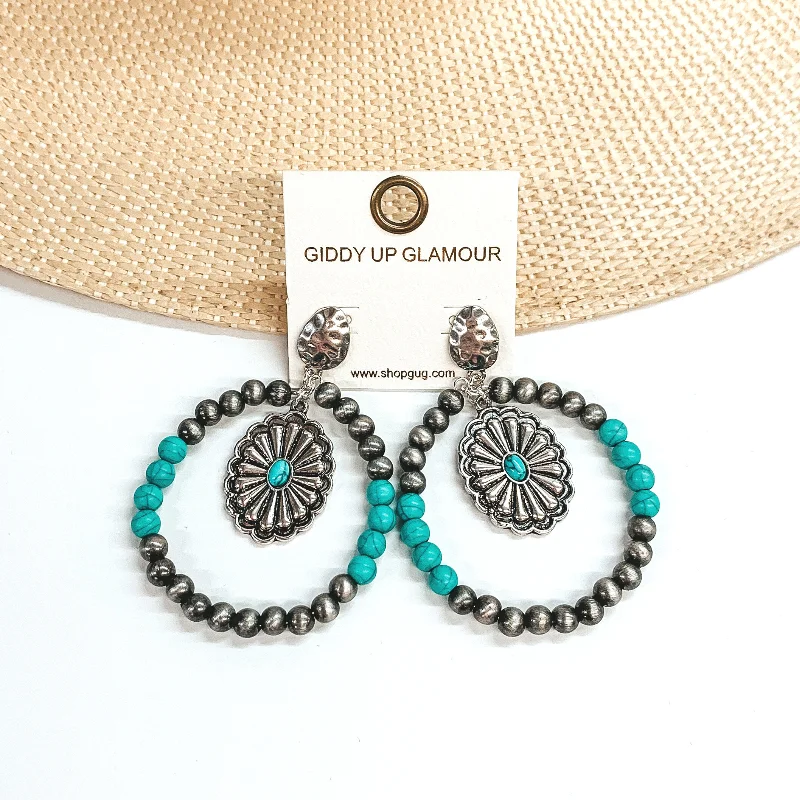 Women’s twisted hoop earrings-Feel the Beat Silver Tone and Turquoise Beaded Circle Drop Earrings with Concho Pendant