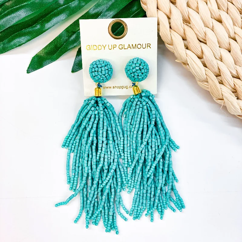 Women’s polished silver earrings-Crash My Party Seed Bead Tassel Earrings In Turquoise