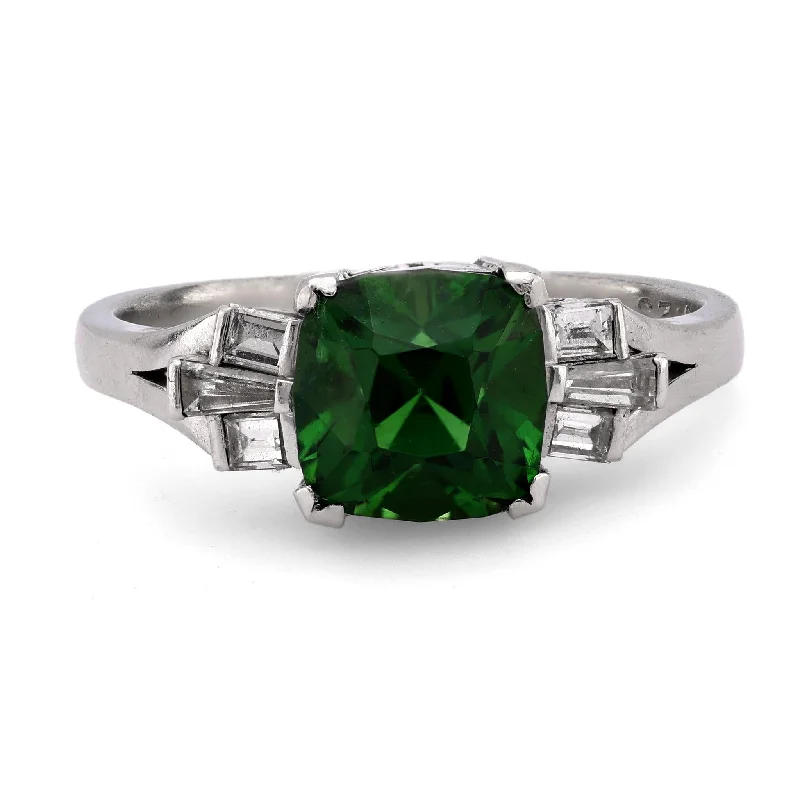 Women’s multi-stone rings-Women’s vintage-style engagement ring-Art Deco style GIA 1.63 carat green tourmaline diamond platinum ring