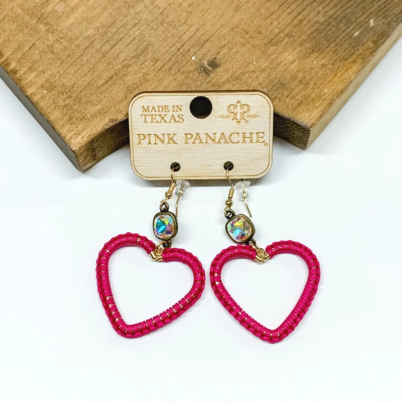 Women’s heart-shaped earrings-Pink Panache | Fuchsia Wrapped Heart Drop Earrings with AB Crystal