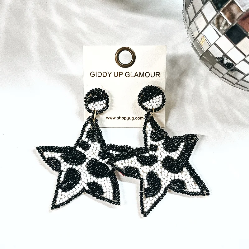 Women’s green emerald earrings-Stars In Your Eyes Cow Print Beaded Star Earrings in Black