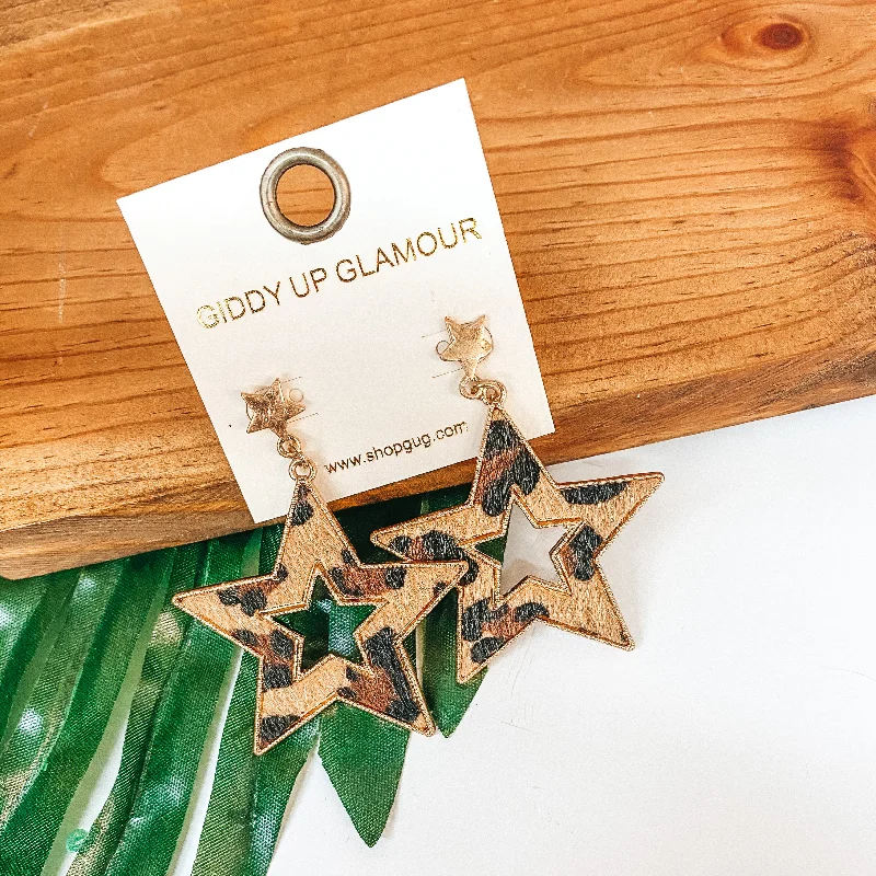 Women’s hammered gold earrings-She's a Star Gold Post Dangle Earrings with Faux Fur Star in Leopard Print