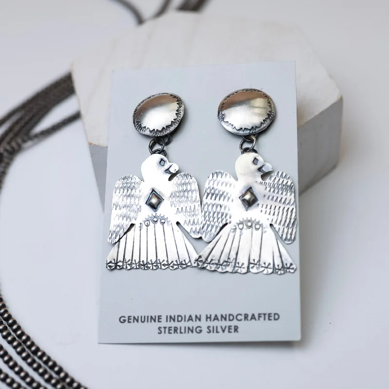 Women’s pearl and diamond earrings-Tim Yazzie | Navajo Handmade Sterling Silver Thunderbird Drop Earrings