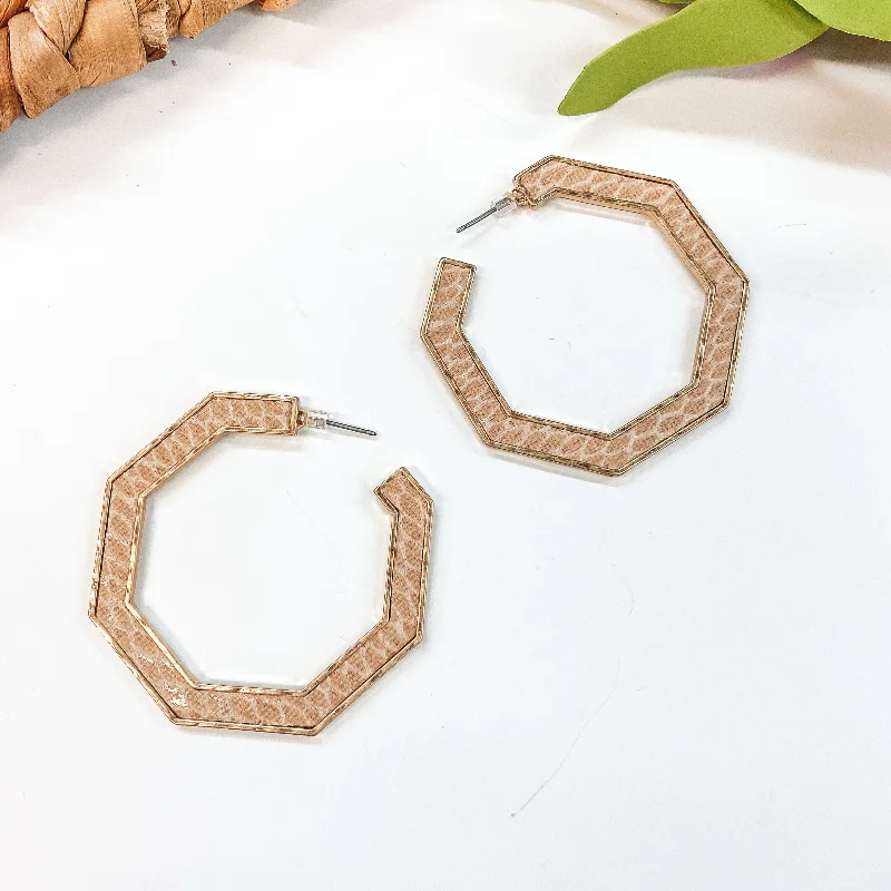 Women’s heart-shaped earrings-Octagon Hoop Earrings in Tan Snake Print