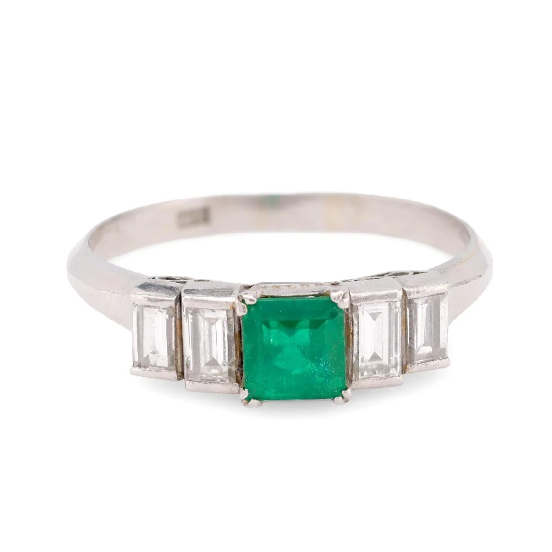 Women’s vintage diamond rings-Women’s emerald-cut diamond engagement ring-Vintage emerald diamond platinum five stone ring