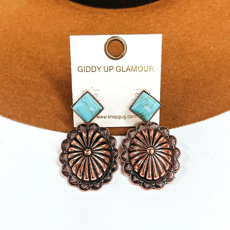 Women’s designer earrings-Moonstruck Copper Tone Concho Drop Earrings with Agate Stone Post in Turquoise