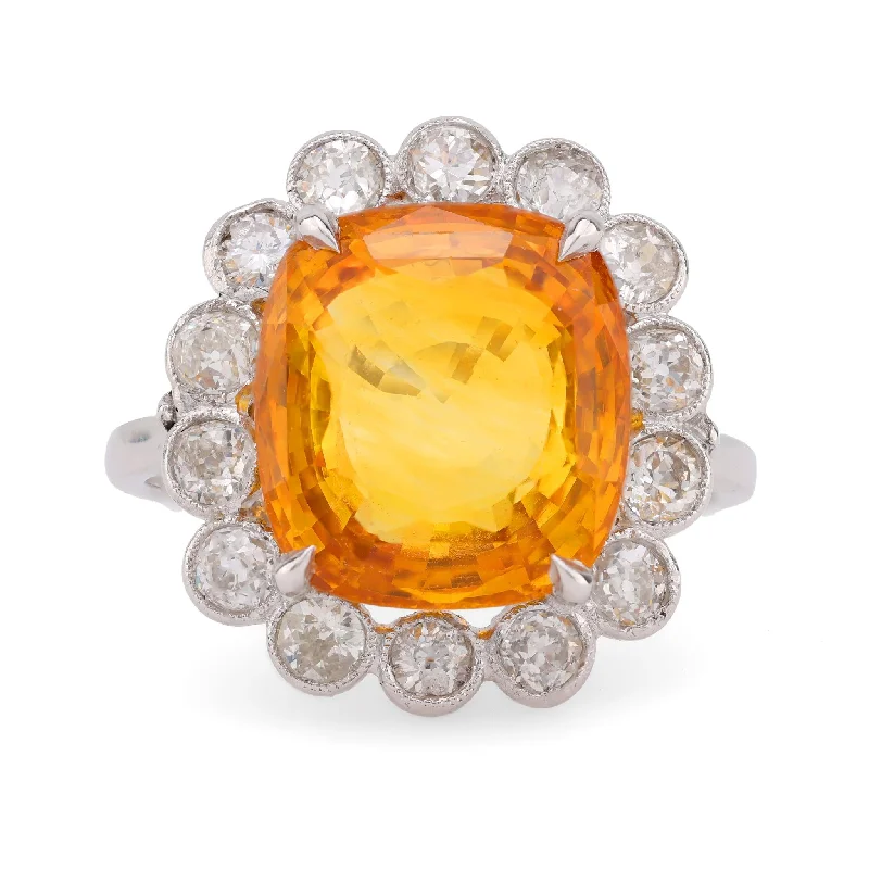 Women’s unique gemstone rings-Women’s handcrafted engagement ring-French Art Deco GIA 11.22 carat orange sapphire diamond platinum ring