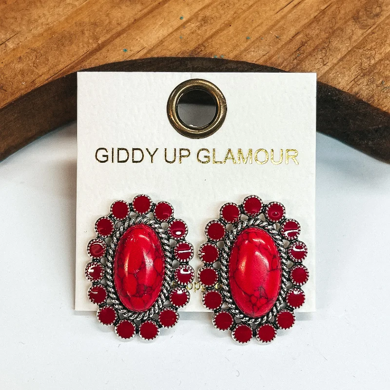 Women’s bridal earrings-Faux Red Stone Concho Post Earrings