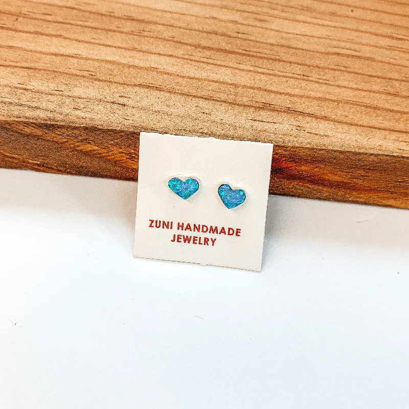 Women’s handmade earrings-Angie Rosetta | Zuni Handmade Sterling Silver Heart Stud Earrings in Blue Opal