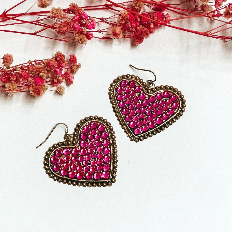 Women’s silver earrings-Bronze Tone Heart Earrings with Fuchsia Pink Crystals