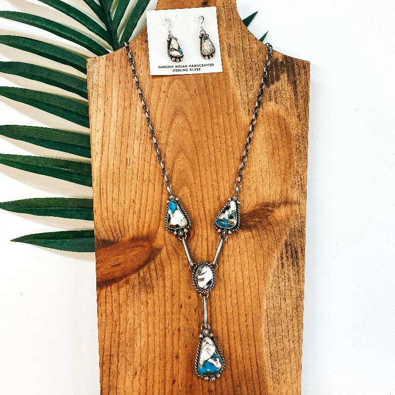 Women’s pearl and diamond earrings-Augustine Largo | Navajo Handmade Sterling Silver & Remix White Buffalo and Turquoise Lariat Necklace + Matching Earrings